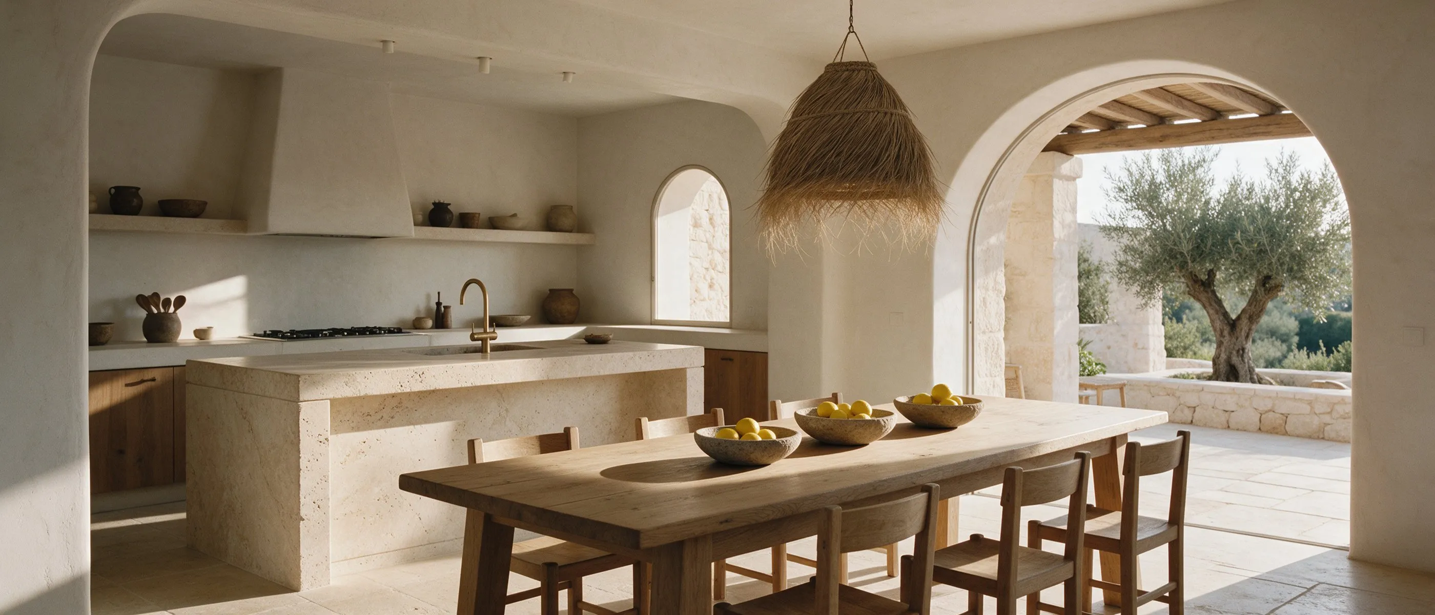 Cocina abierta con isla de travertino, mesa de roble y arco hacia la terraza