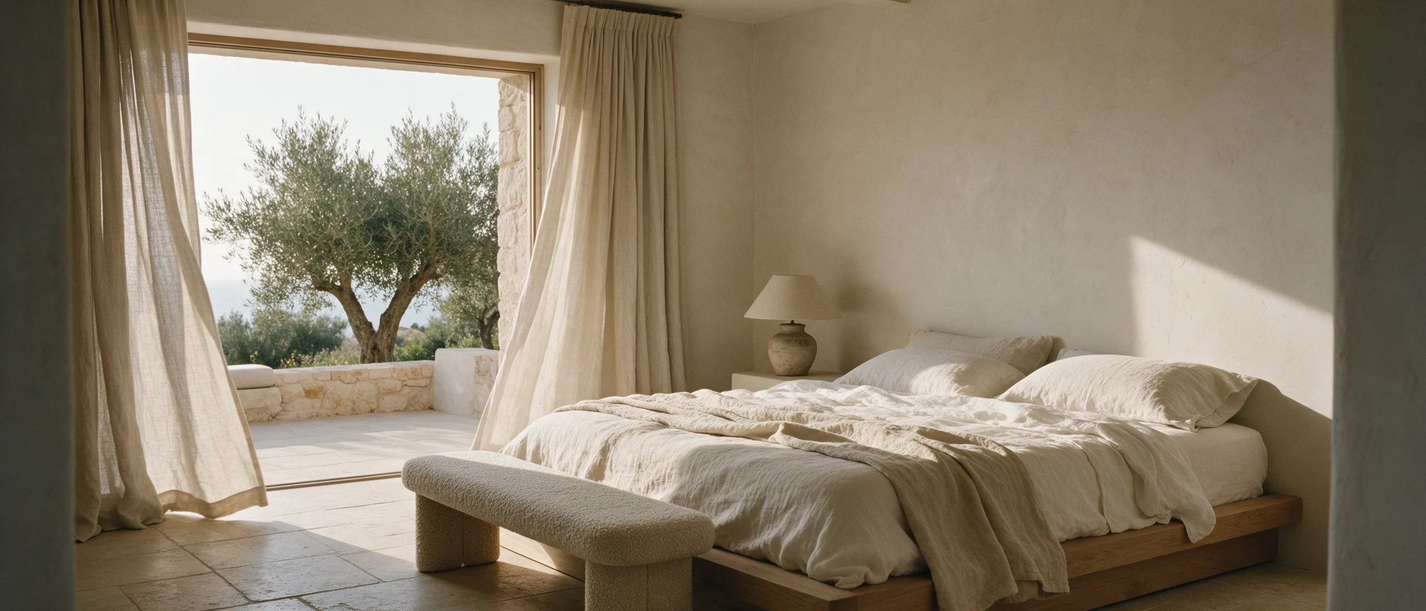 Dormitorio sereno con ropa de cama de lino y ventanal abierto a los olivos