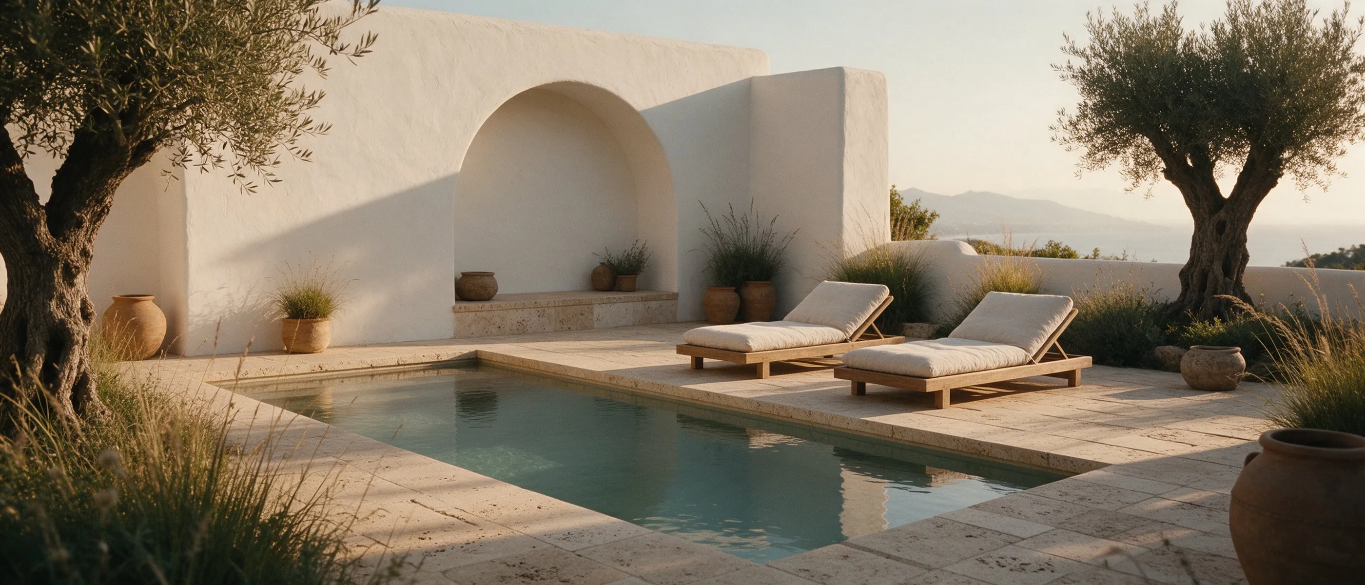 Patio con piscina, muros encalados con arco, tumbonas de roble y olivos al atardecer
