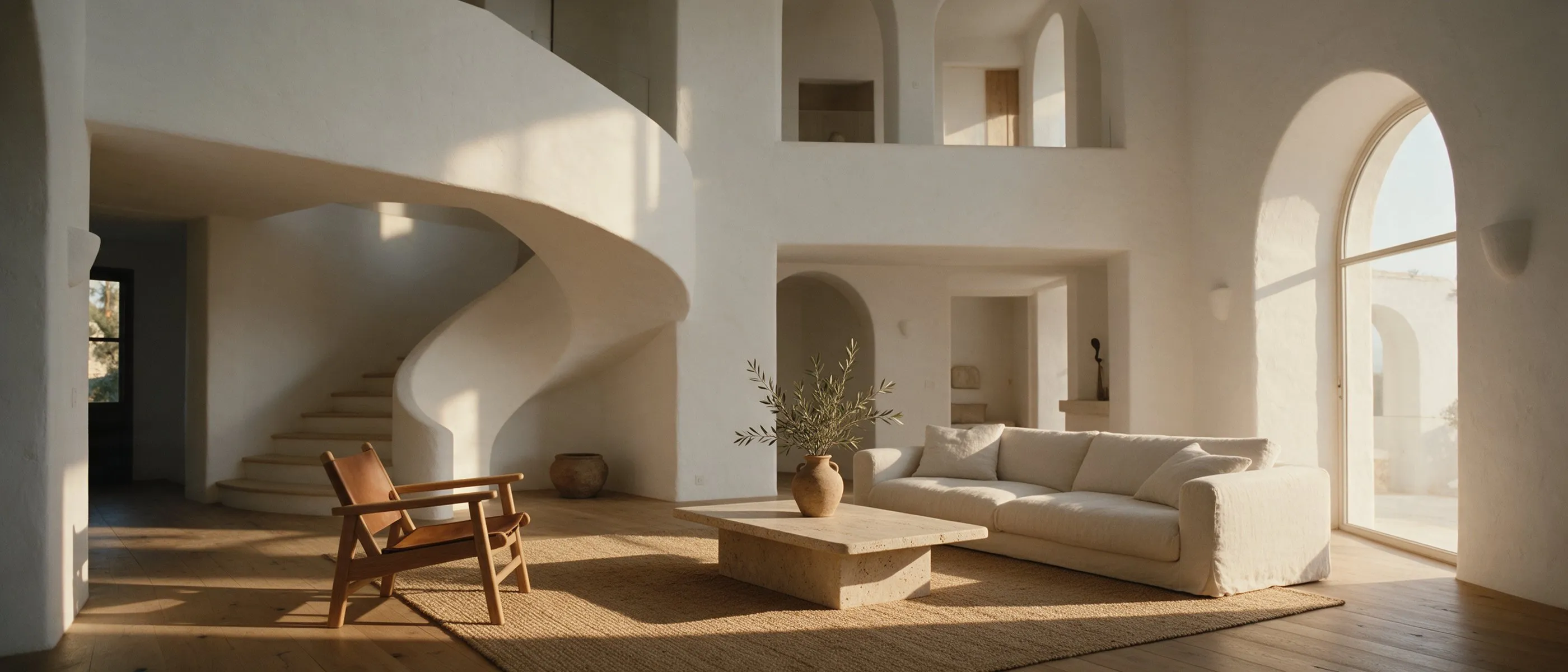 Salón mediterráneo de doble altura con escalera curva, arco y luz de tarde